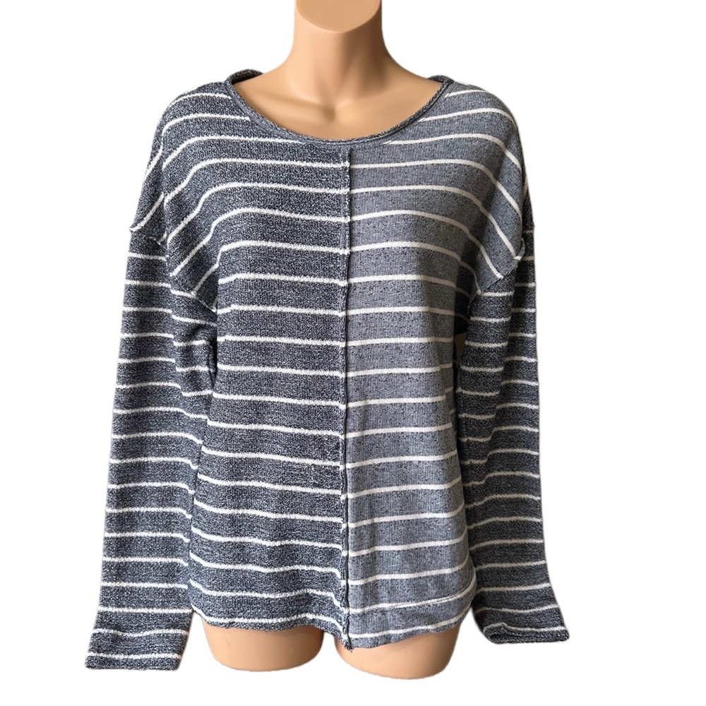 Anthropologie Blue and White Striped Crew Neck Textured Sweater